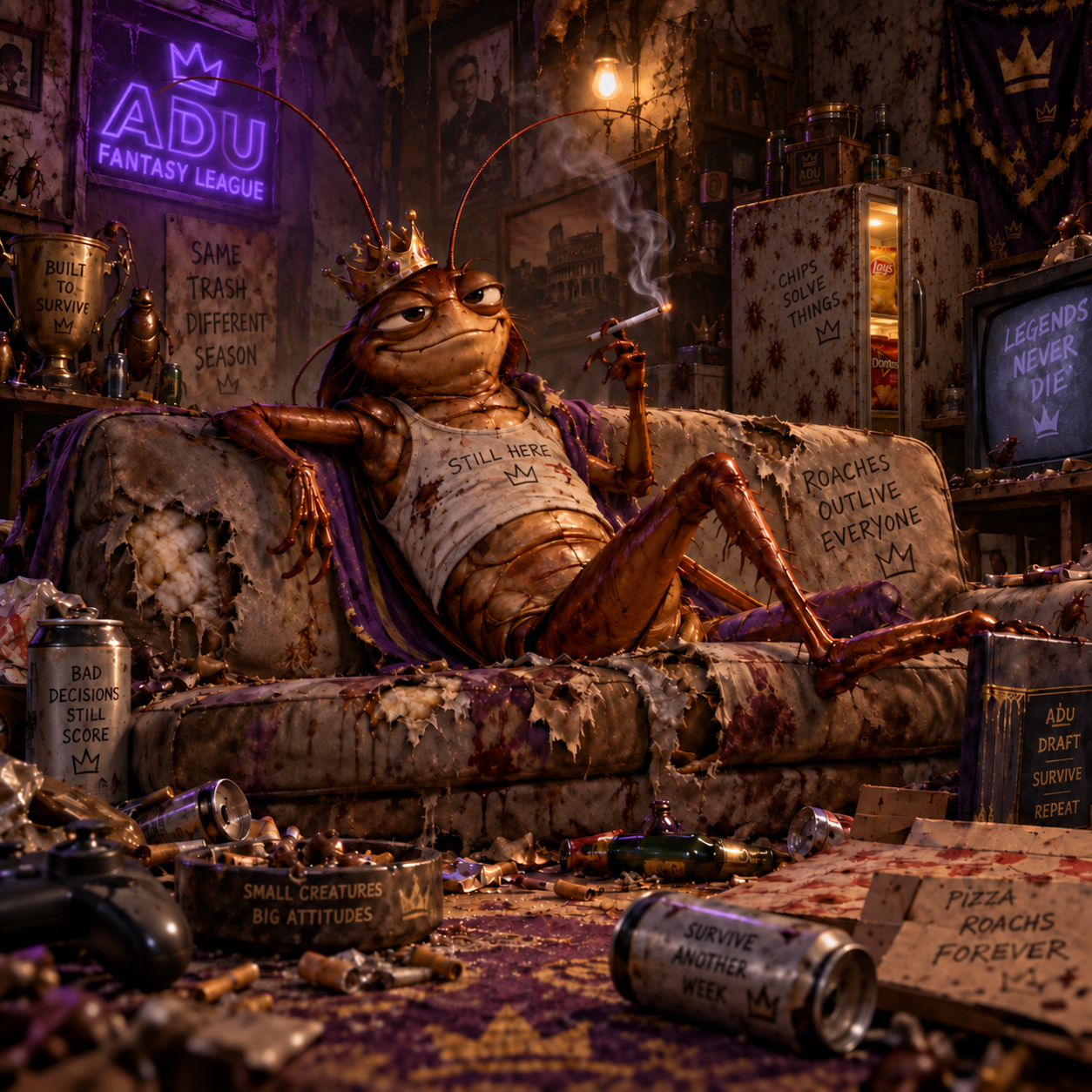 The Cockroach lounging in a grimy ADU fantasy football den